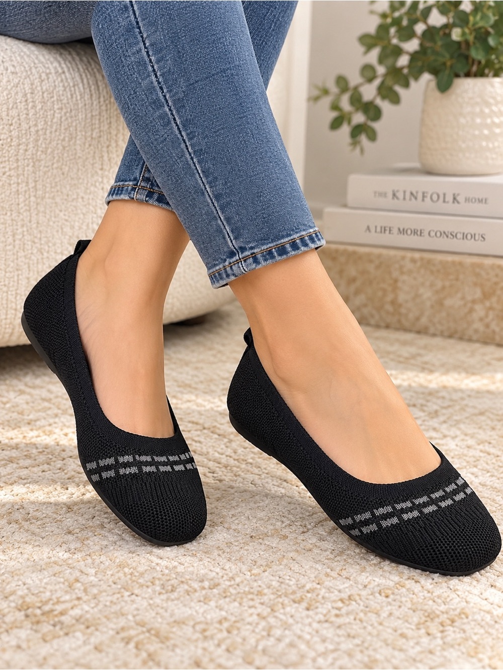Black Knit Ballet Flats with Subtle Gray Stripe -Women